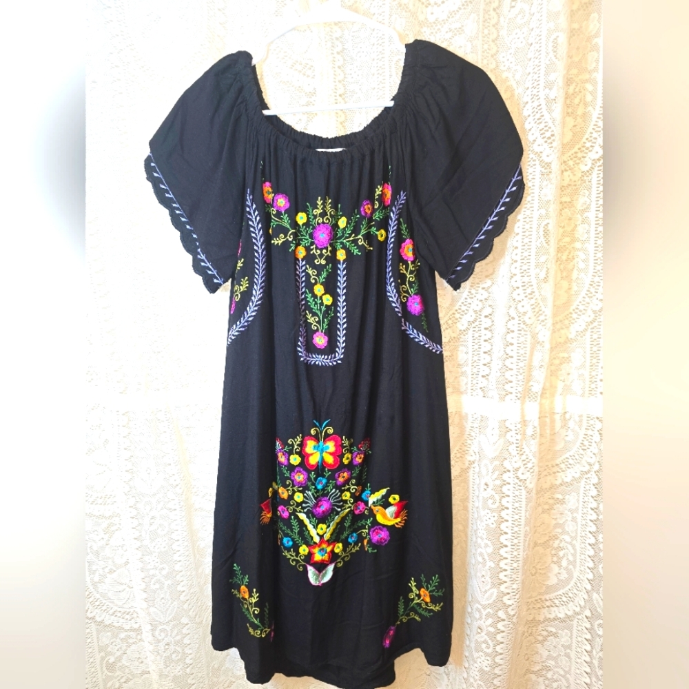 Black Embroidered Floral Dress, Back From Bali, Live Free, Off The Shoulder Mini